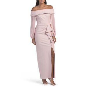 ALEX EVENINGS Pink Off The Shoulder Side Ruffle Gown